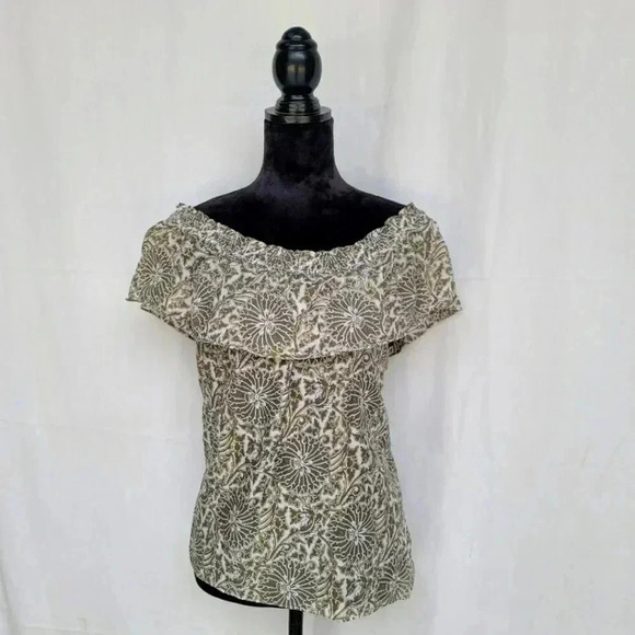MICHAEL KORS WOMENS WHITE GREEN FLORAL FLUTTER SLEEVE BLOUSE TOP SILK COTTON M. - Picture 1 of 11